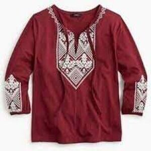 J. Crew Embroidered Tie Neck Long Sleeve Top Women's Small Burgundy‎ Boho Hippie